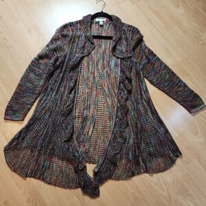 Dressbarn Stretchy Knit Rainbow Multicolored Open Front Ruffle Cardigan 14/16
